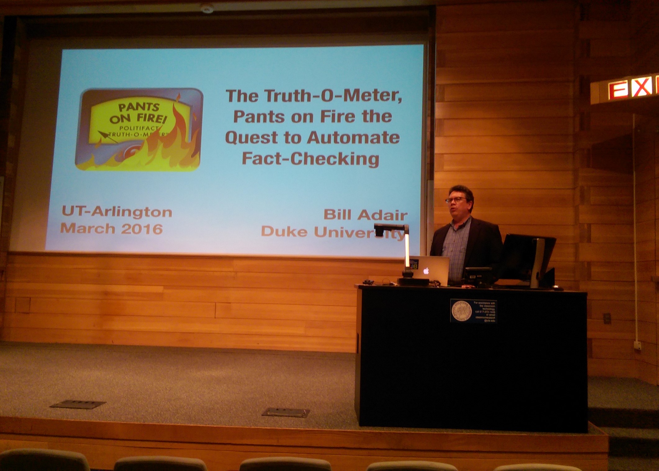 Duke professor and PolitiFact creator Bill Adair giving a talk on fact-checking at UTA
